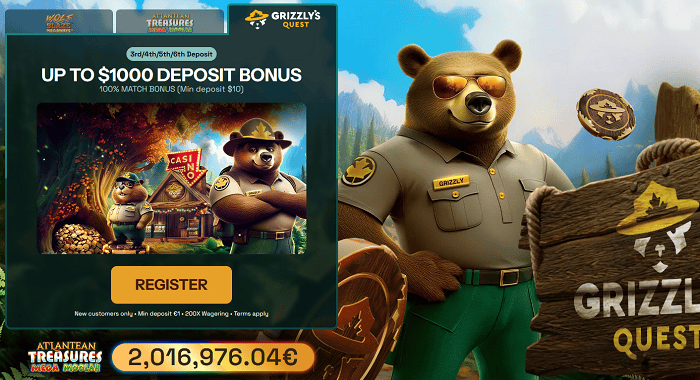 Grizzly’s Quest Casino 100% Bonus on Deposit 