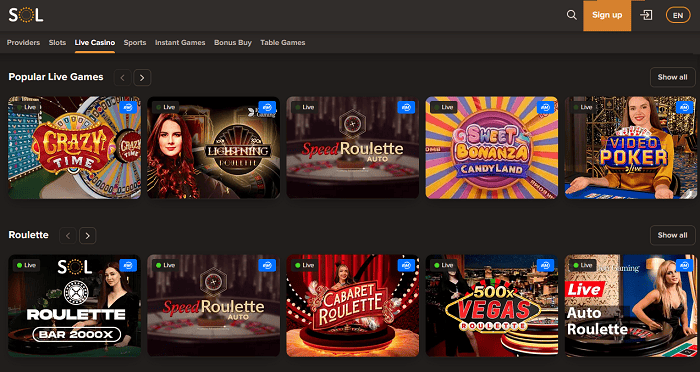 SOL Casino Live Dealer Game Shows
